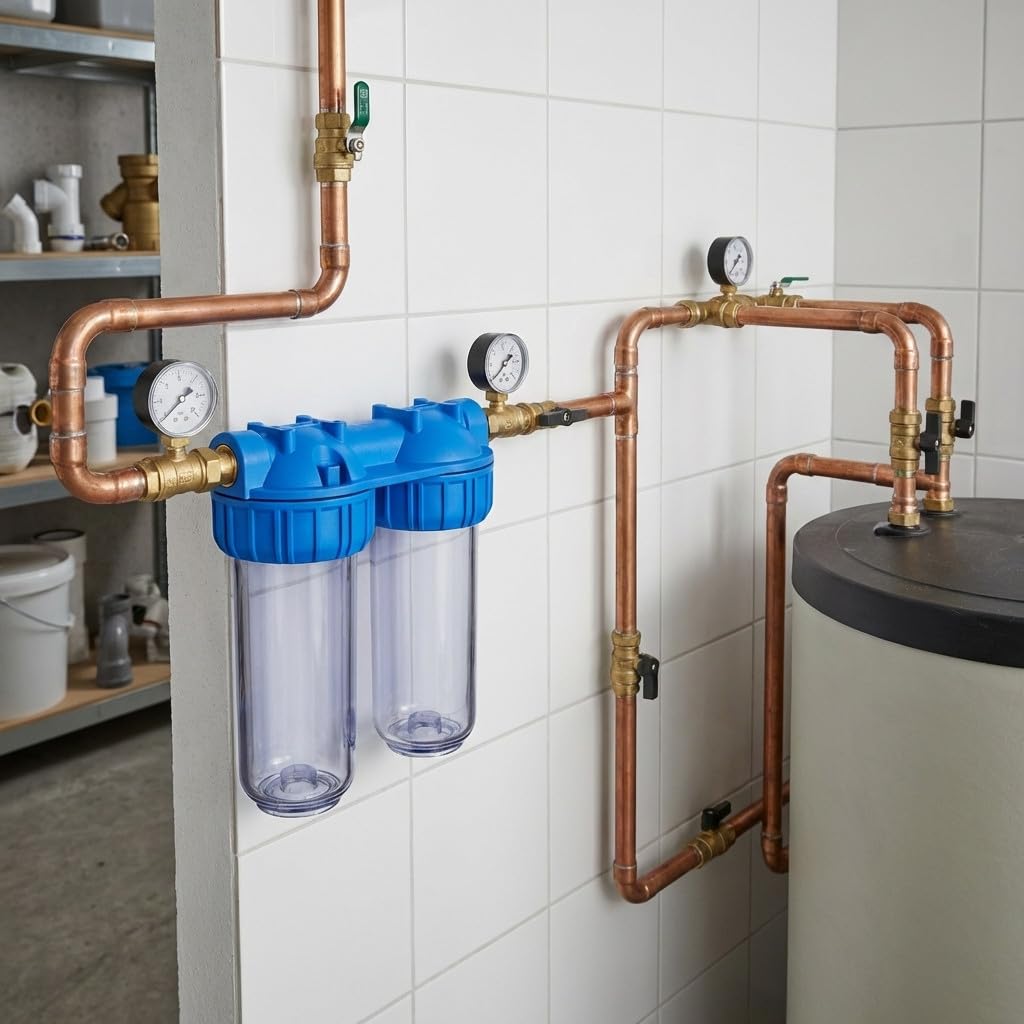 Suinga Pack 2 Vaso Doppio Contenitore per Filtros 10" + 2 Filtro Fibra 5 Micron | Sedimenti | Connessione Rinforzata in Ottone | Purificazione Acqua