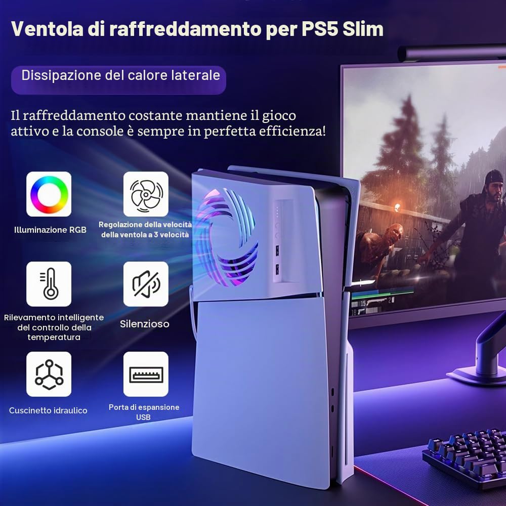 Ventola per PS5 Slim Ventola di Raffreddamento,per Accessori PS5 Slim,con Dissipazione del Calore Laterale/Rilevamento Automatico Della Temperatura/Luce RGB/3 Velocità Dell'aria/USB 2.0