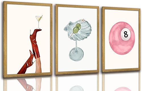 Wood Framed Funky Martini Posters Wall Art Set of 3, Vintage Preppy Aesthetic Canvas Prints, Trendy Pink Number 8 Y2K Girl Room Wall Decor Paintings