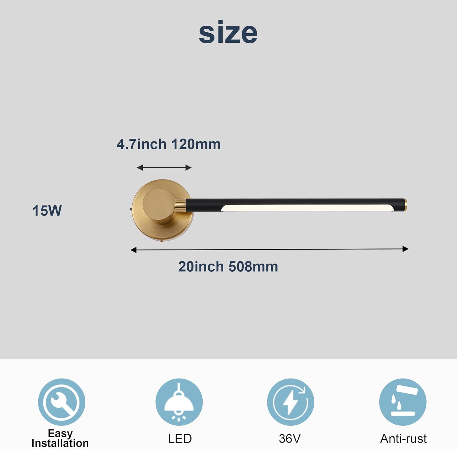 20 Inch Modern Bathroom Vanity Wall Lighting Black and Brushed Brass 15W Bathroom Light Fixtures Over Mirror Gold Sconces Wall Lamp 5 Color Temperature Dimmable LED Vanity Lights for Bedroom