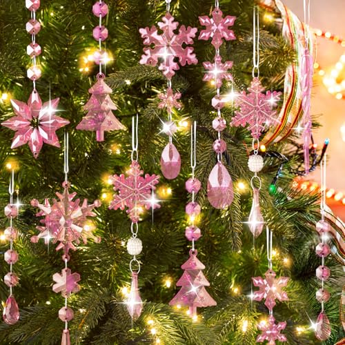 Lanpn 22 Piezas Decoración Navideña Adornos del Árbol de Navidad de Cristal,Colgante Acrílico de Copo de Nieve de Carámbanos para Navidad Invierno Exterior Interior Fiesta Decoración Oro (Rosa)
