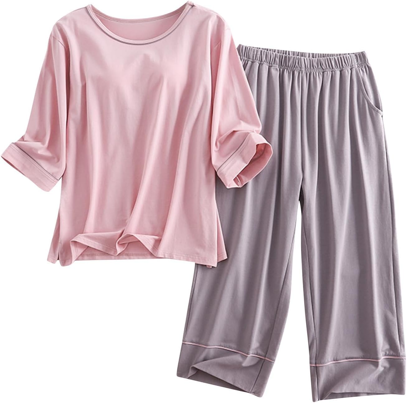 Women Cotton Pajamas Sets Loose Crewneck 3/4 Sleeve Top with Pants Set Comfy Summer Sleepwear Soft Loungewear