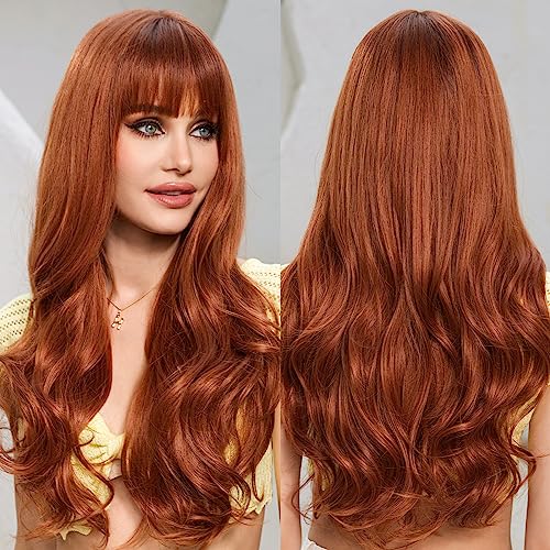 EMMOR Ombre Auburn Wigs for Women Long Curly Wig with Bangs Heat Resistant Fiber Synthetic Wigs Daily Natural looking