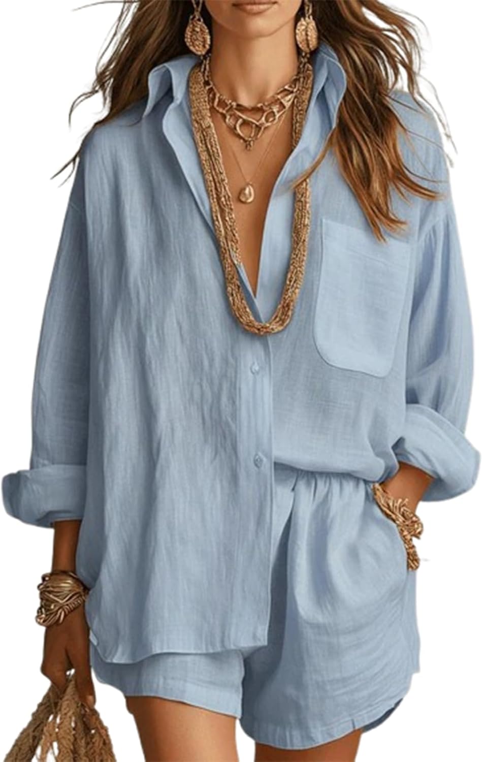 Womens 2 Piece Outfit Casual Button Down Shirt and Shorts Set Roll Summer Matching Set with Pockets