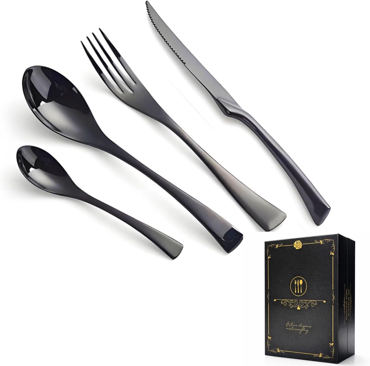 Black Silverware Set for 4, 16-Piece Stainless Steel Flatware with Ergonomic Handle, Dishwasher Safe Modern Cutlery Set for Home & Restaurant
