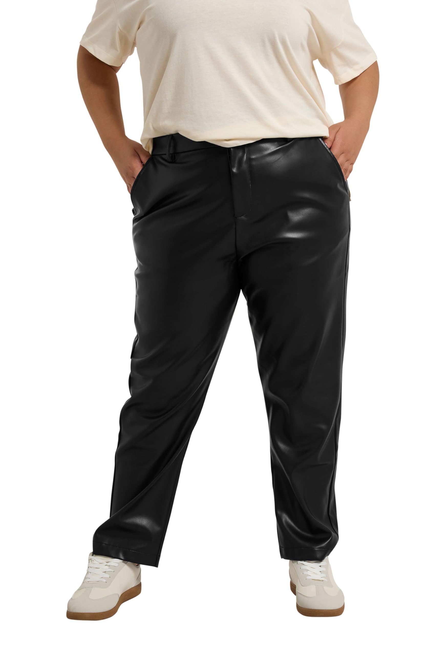Yours Women's Black Faux Leather Straight Leg Trousers In | Size: 18