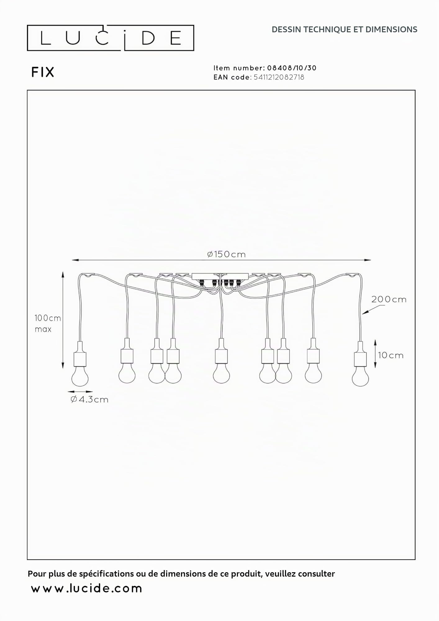 LUCIDE FIX - Suspension - 10xE27 - Noir, 400 x 400 x 200 cm