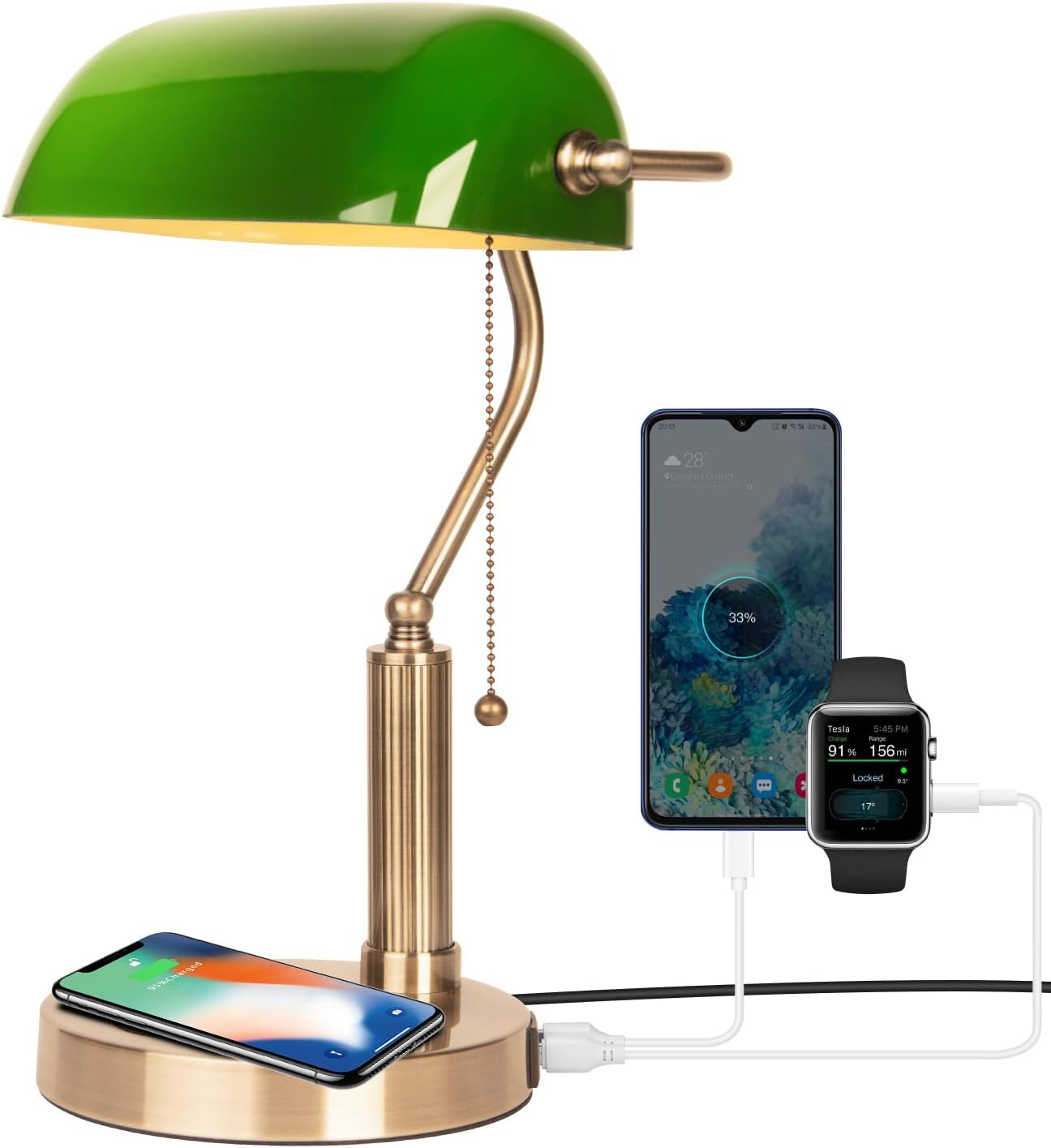 FIRVRE Bleu Lampe de Bureau en Verre pour Banquier avec Pied Bronze Lampe de Table avec Interrupteur à Chaîne à Tirer pour Bureaux Salles D'études et