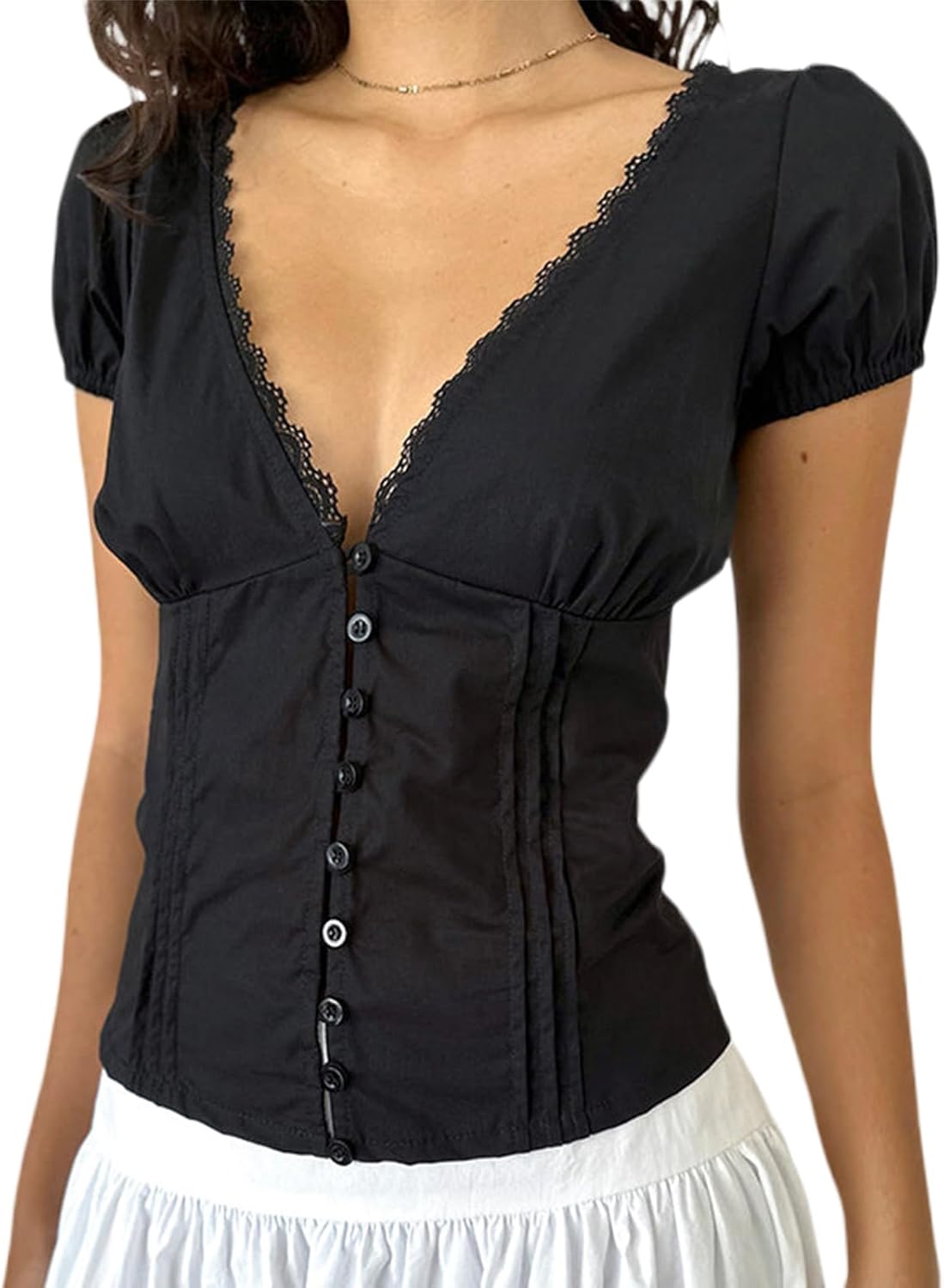Women Y2K Button Down Shirt V Neck Blouses Lace Trim Solid Color Short Sleeve Slim Fit Casual Crop Top