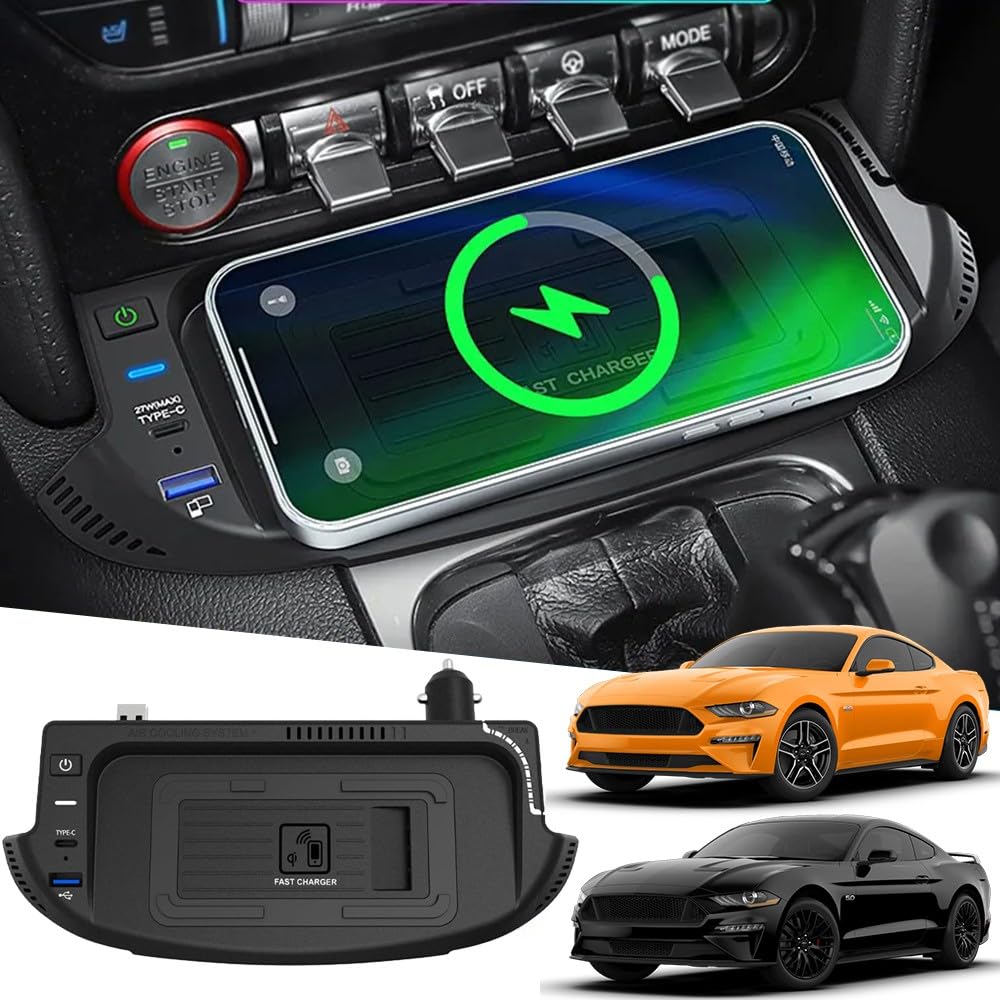 Cargador de Coche Inalámbrico para Ford Mustang 2015-2022, Ajuste Personalizado OEM con 27W USB-A & Type-C Carga Rápida Coche Teléfono Cargador para Ford Mustang Interiores Accesorios