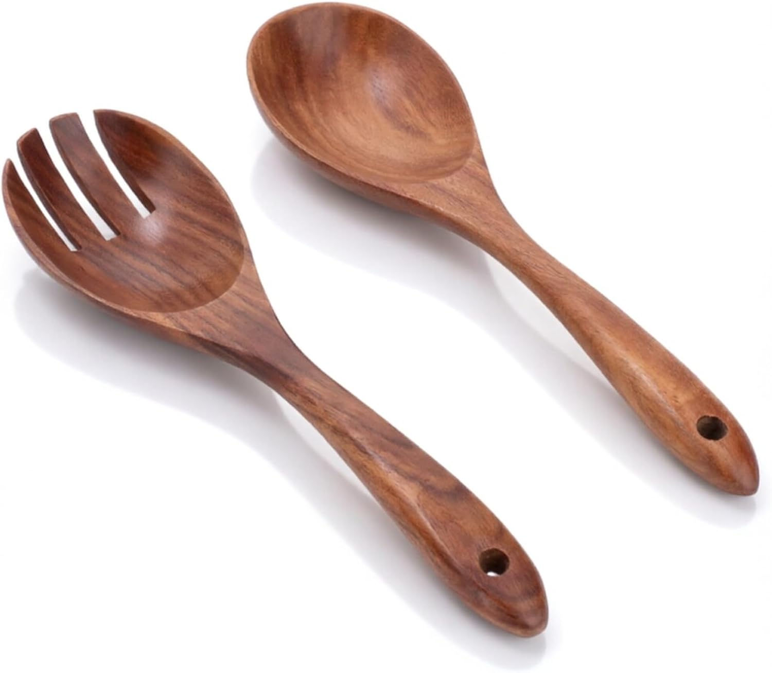 Wooden Salad Servers, Wooden Salad Spoon and Fork with Ergonomic Handle Wood Serving Utensils for Kitchen Stirring Mixing