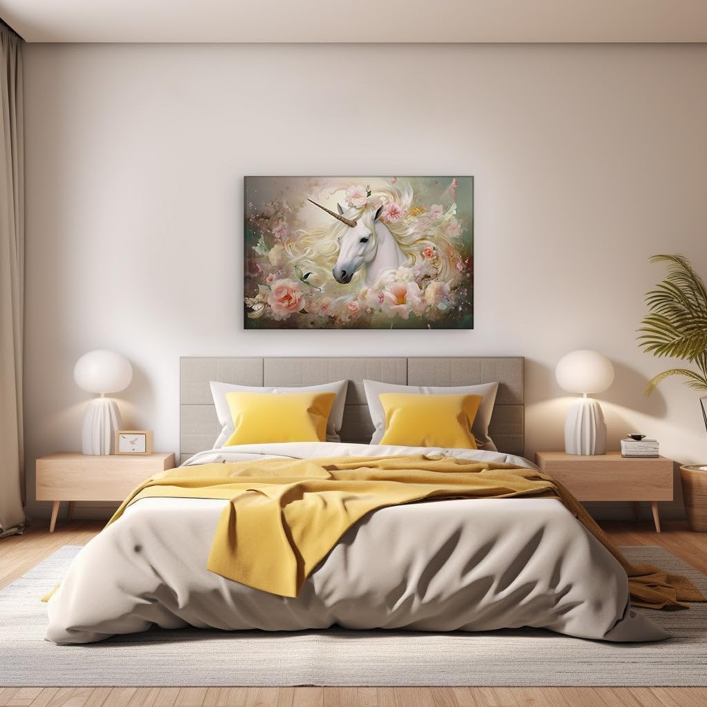 Canvas for Living room. Enchanted Realm: A Majestic White Unicorn Amidst the Floral Wilderness, 27 x 18 inch Canvas Wall Art - Ready to Hang - 69x46 cm (27x18 inch)