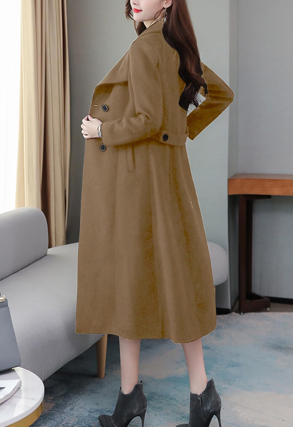 chouyatou Women's Maxi Long Wool Blend Pea Coat Shawl Collar Double Breasted Winter Trench Coat Overcoat - Image 3