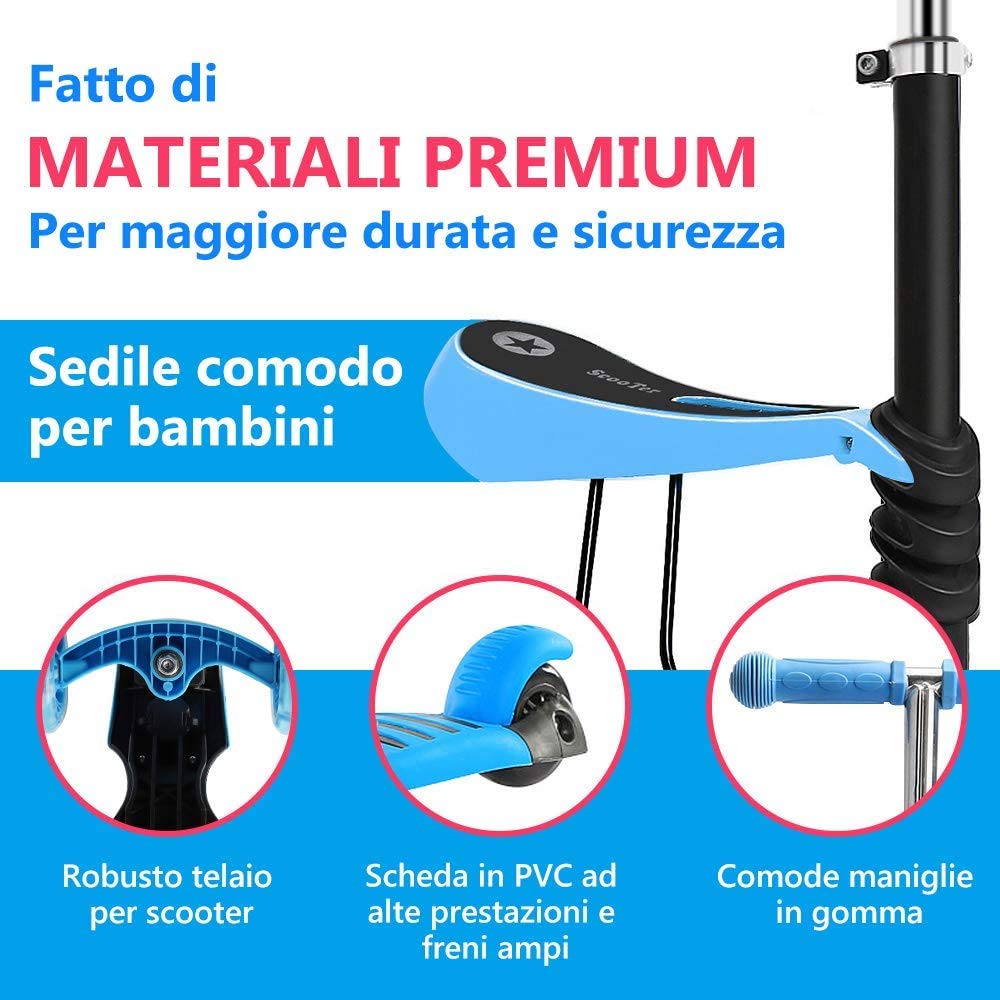 YOLEO Patinete para Niños 5-en-1, Patinete 3 Ruedas LED Parpadeantes, Scooter para Niños con Manillar Ajustable Asiento Extraíble de 2 a 8 años, Carga Máxima de 50 kg