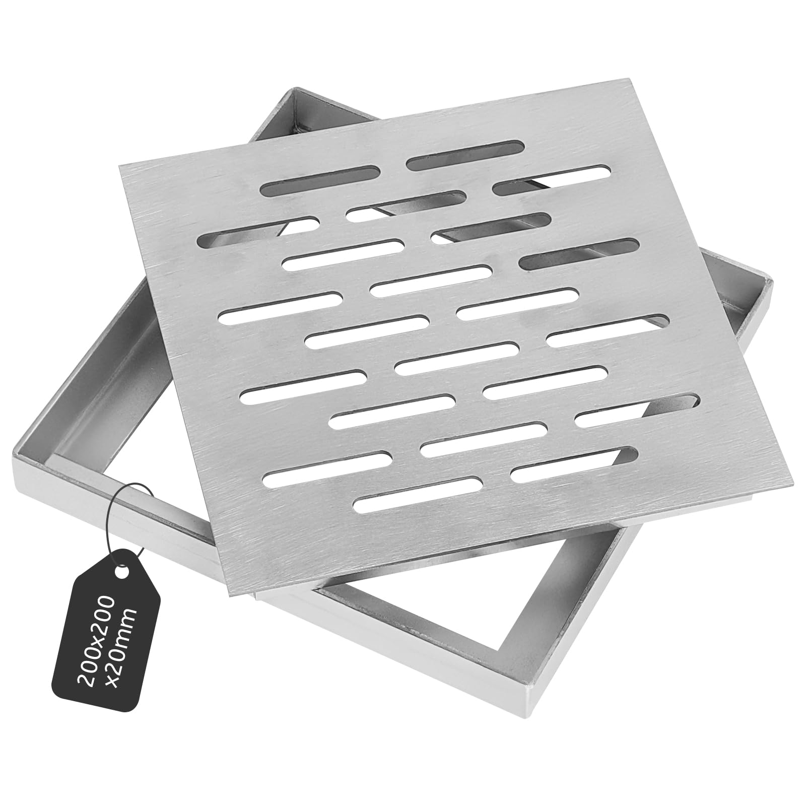 DBREAKS Copertura Scarico a Pavimento in Acciaio Inox con Telaio, griglia di Scarico Quadrata, Antiscivolo, Copertura per Scarico per Esterni, Giardino, terrazza (200 x 200 x 20 mm)