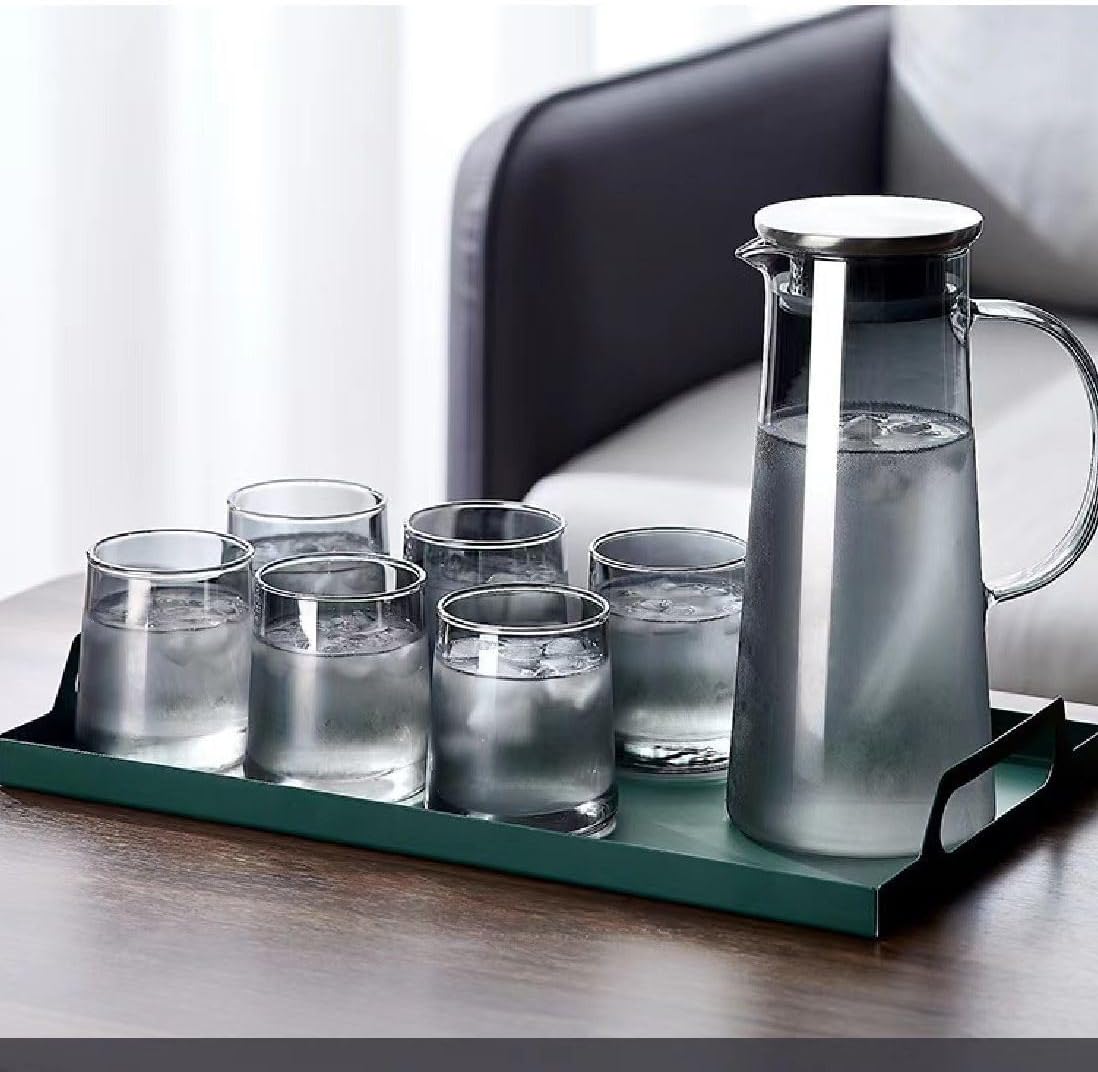 bellemax Water and Juice Black Glasses Set of 6 and Borosilicate Jug Set 1Combo,(6 PC Glasses 270ML and 1 Water Jug 1 Liter), Transparent, Glass and Jug Set for Dining Table (Black - B)