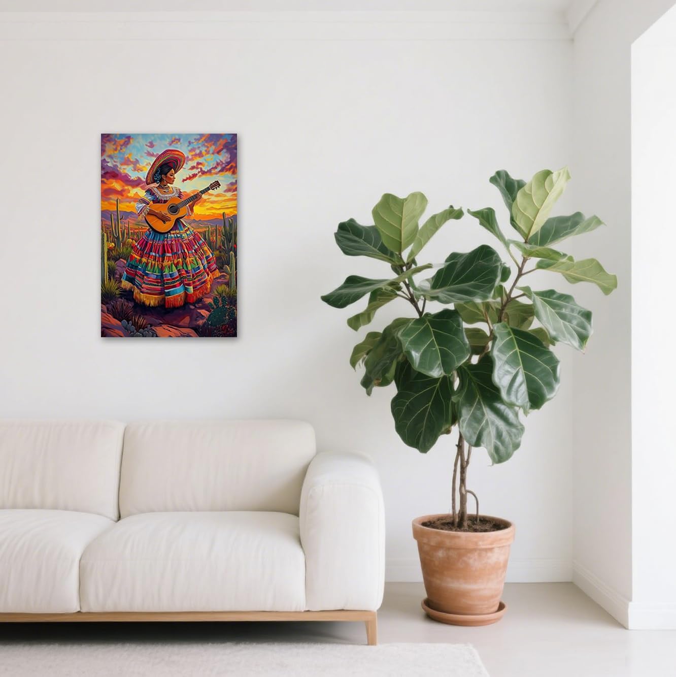 BJYCHG Mexican Wall Art Mexican Woman Playing Guitar Canvas Art Cactus Landscape Pictures Prints Southwest Desert Painting for Home Decor Framed (Red, 18L x 12W)
