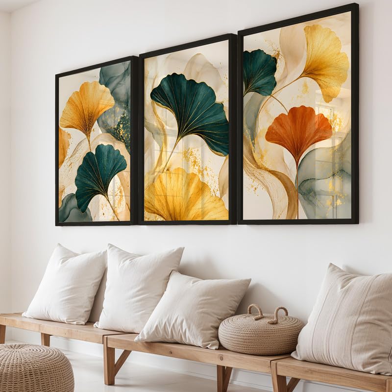 NoWorries Abstract Ginkgo Leaf Wall Art Frames Set of 3 | Modern Botanical Look Paintings with Gold & Teal Leaves | Premium 300 GSM Prints in Synthetic Wooden Frames | Living Room, Bedroom, Office & Home Decor (BLACK, ART-16, 13X19INCHES)