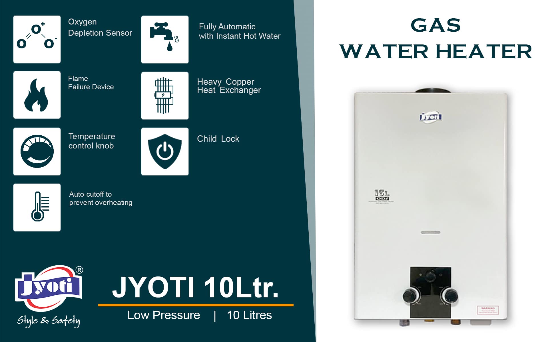 Buy Jyoti 10Ltr LP Instant Gas Geyser | Fully Automatic Low Pressure Gas Water  Heater | 10Ltr Capacity Triple Lined Extra Heavy Copper Tank Gas Online at  Low Prices in India - Amazon.in