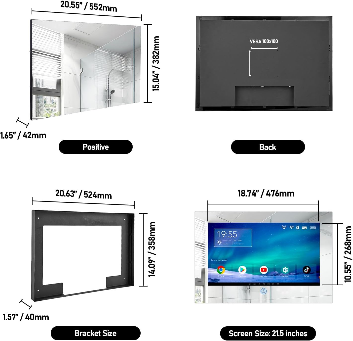 21.5 Inch Wi-Fi 6 Upgraded Smart Bathroom Mirror TV, Waterproof 1080P Full HD Touchscreen, Android 11, Bluetooth & HDMI, Wall-Mounted for Bathroom Use