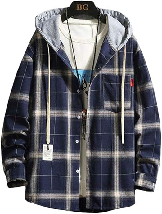Amazon Gergeousチェックシャツ メンズ フード付き パーカー ボタン付き ゆったり 長袖 シャツ チェック柄 ファッション 原宿系 アウター 大きいサイズ カジュアル 秋 シャツ 通販