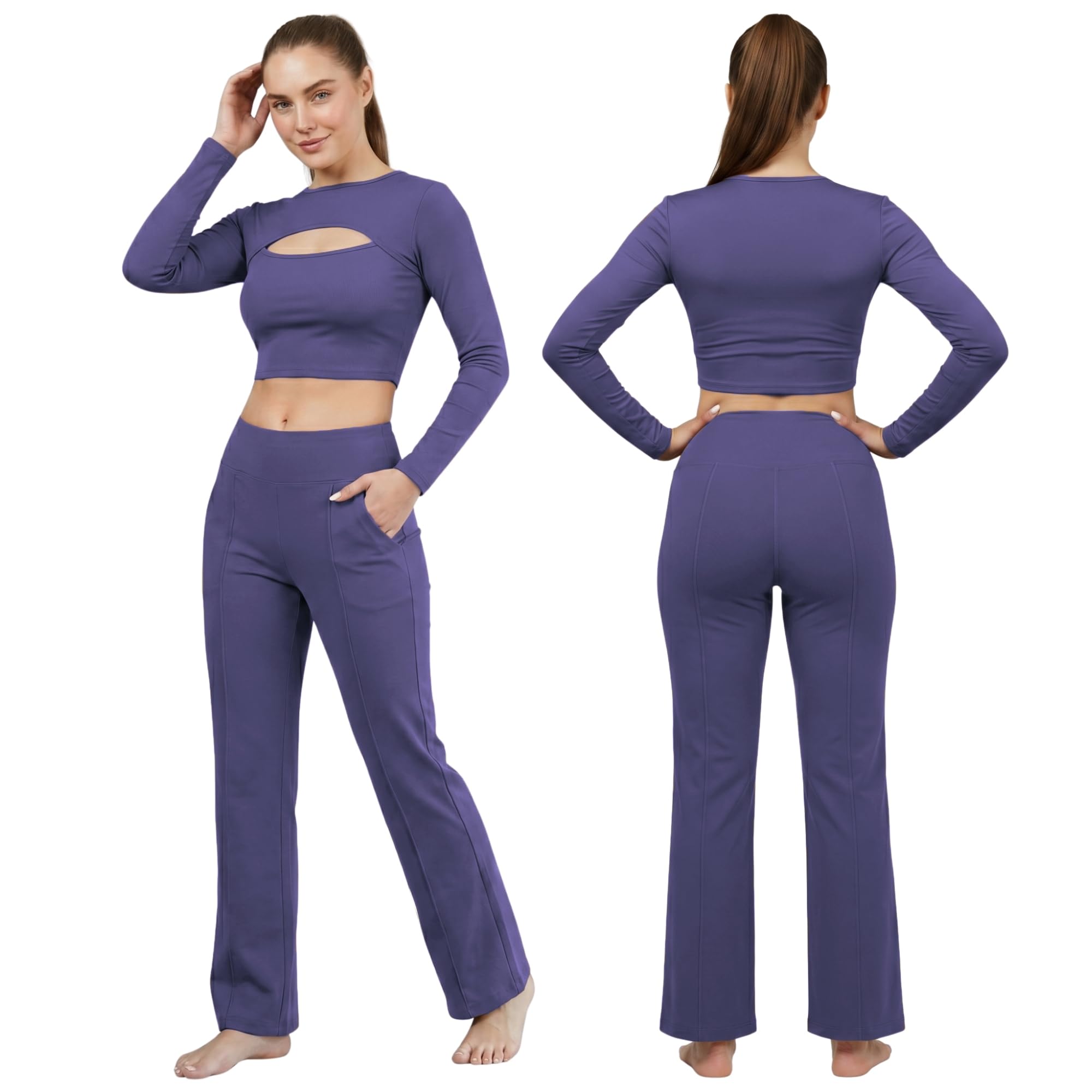 ninq Women Gym Wear Compression Set | Long Sleeve Crop Top with Flare Trouser, Stylish Co-Ord Set for Women | Sports Wear Top & Bottom, Workout & Casual Wear-picture-47