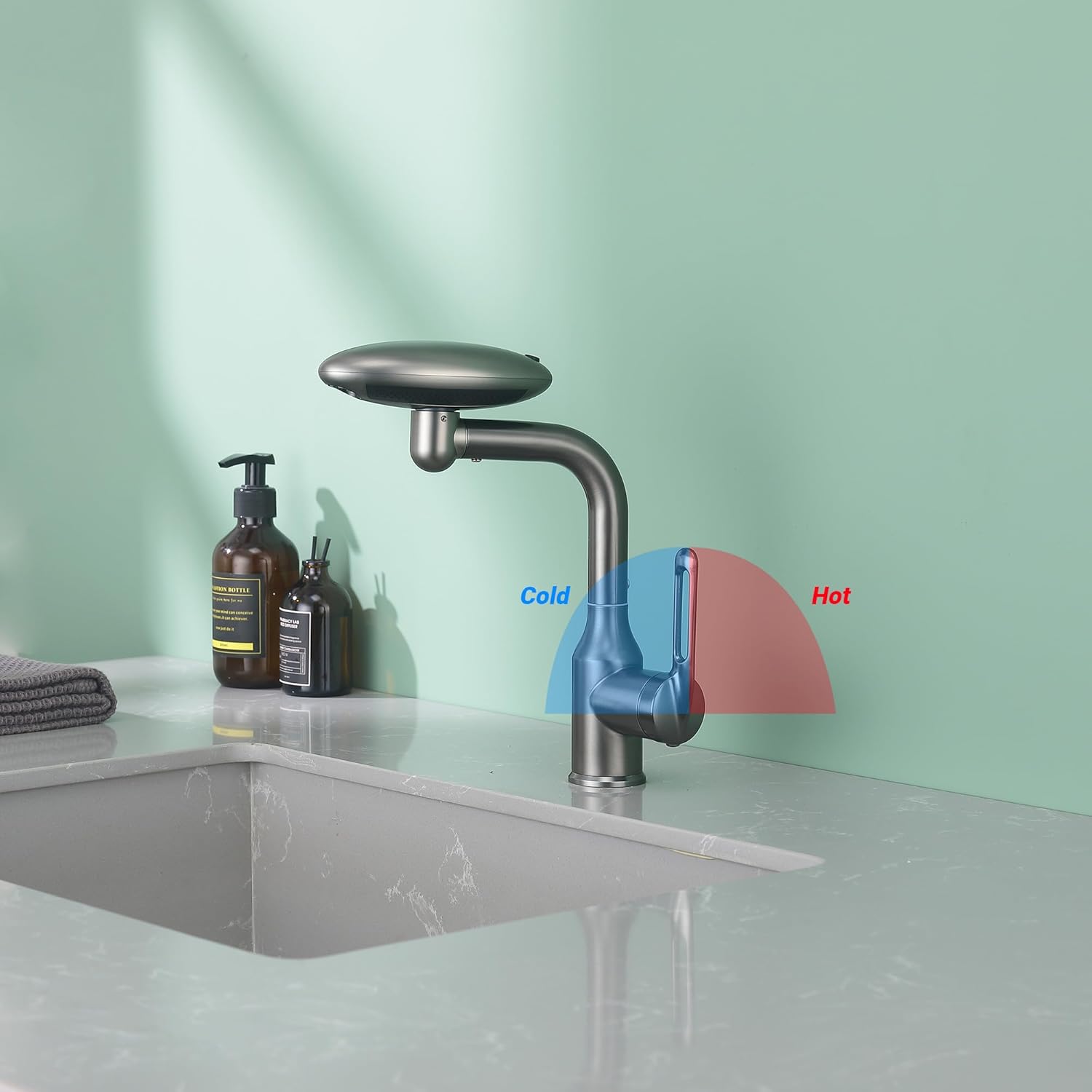 Bathroom Sink Faucet 1 Hole, Gunmetal Grey Multifunctional Basin Faucet with 4 Water Outlet Modes, Modern 360°Rotatable Bar Tap with Two Water Supply Pipes