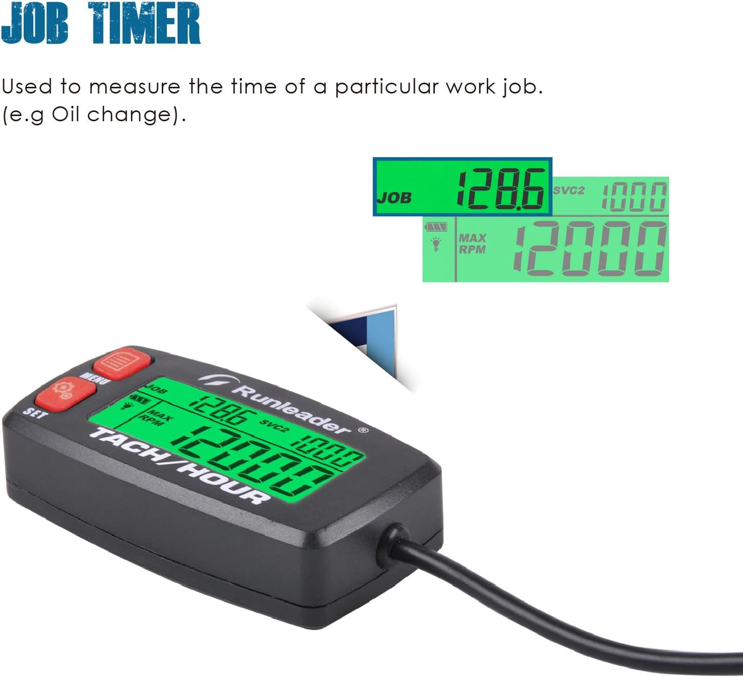 Runleader Hour Meter Tachometer,Maintenance Reminder,Alert RPM,Backlit Display,Initial Hours Setting,Battery Replaceable,Use for ZTR Mower Generator Marine ATV and Gas Powered Device. (Button-Red)