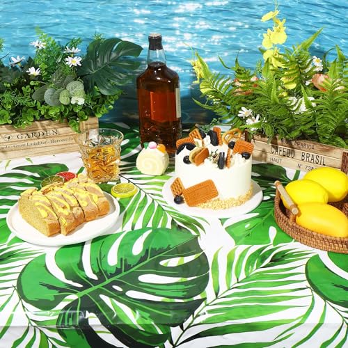Image of Kochorie 100 Ft x 54 Inch Palm Leaves Tablecloth Roll with Cutting Box Hawaiian Luau Tablecloths Disposable Aloha Tropical Table Cover Backdrop for Hawaii Birthday Summer Beach Tropical Party Supplies