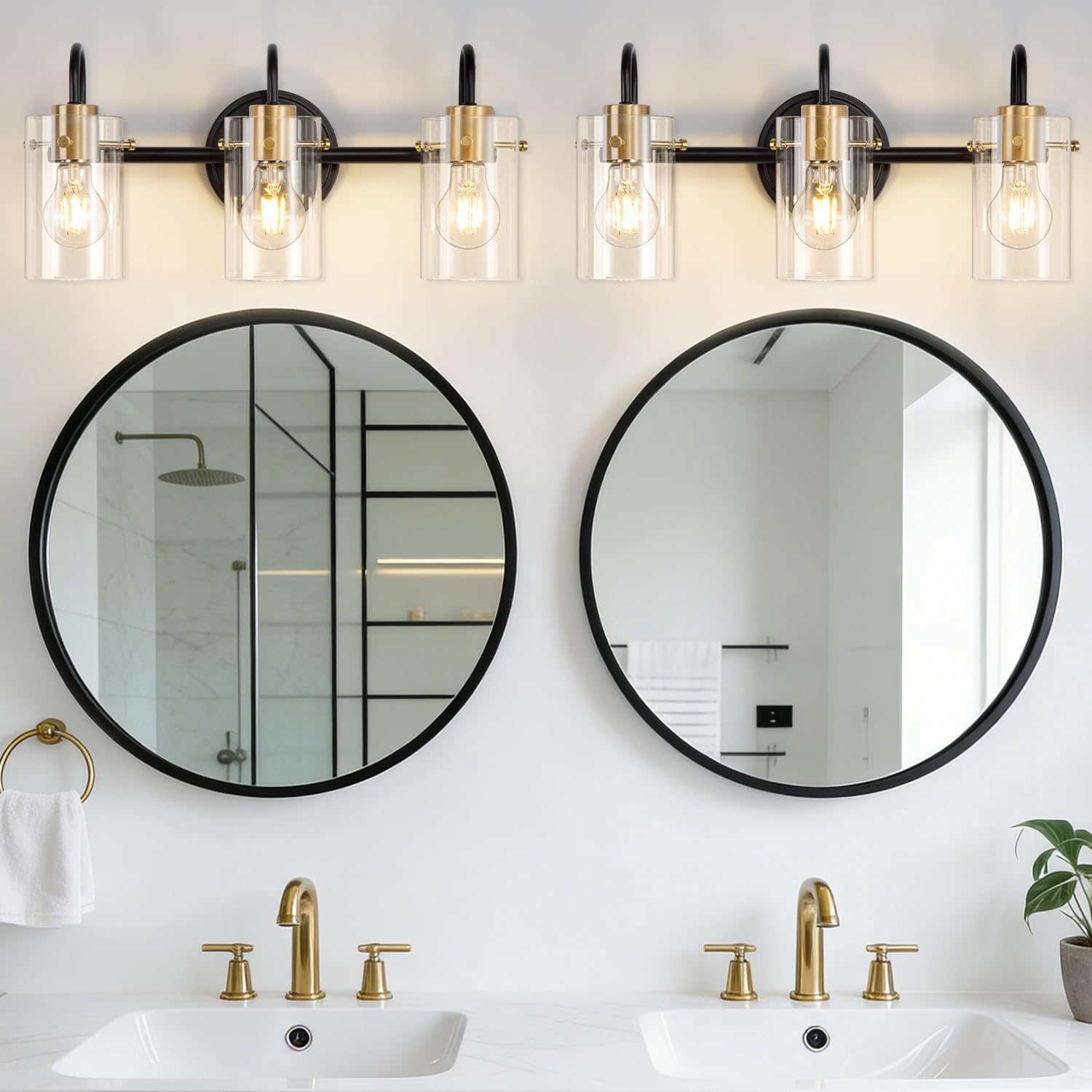 3 Light Bathroom Vanity Light, Black and Gold Bathroom Wall Light Fixtures with Clear Glass Shade, Modern Wall Sconces Wall Lamp over Mirror Kitchen Living Room Bedroom Hallway Cabinet