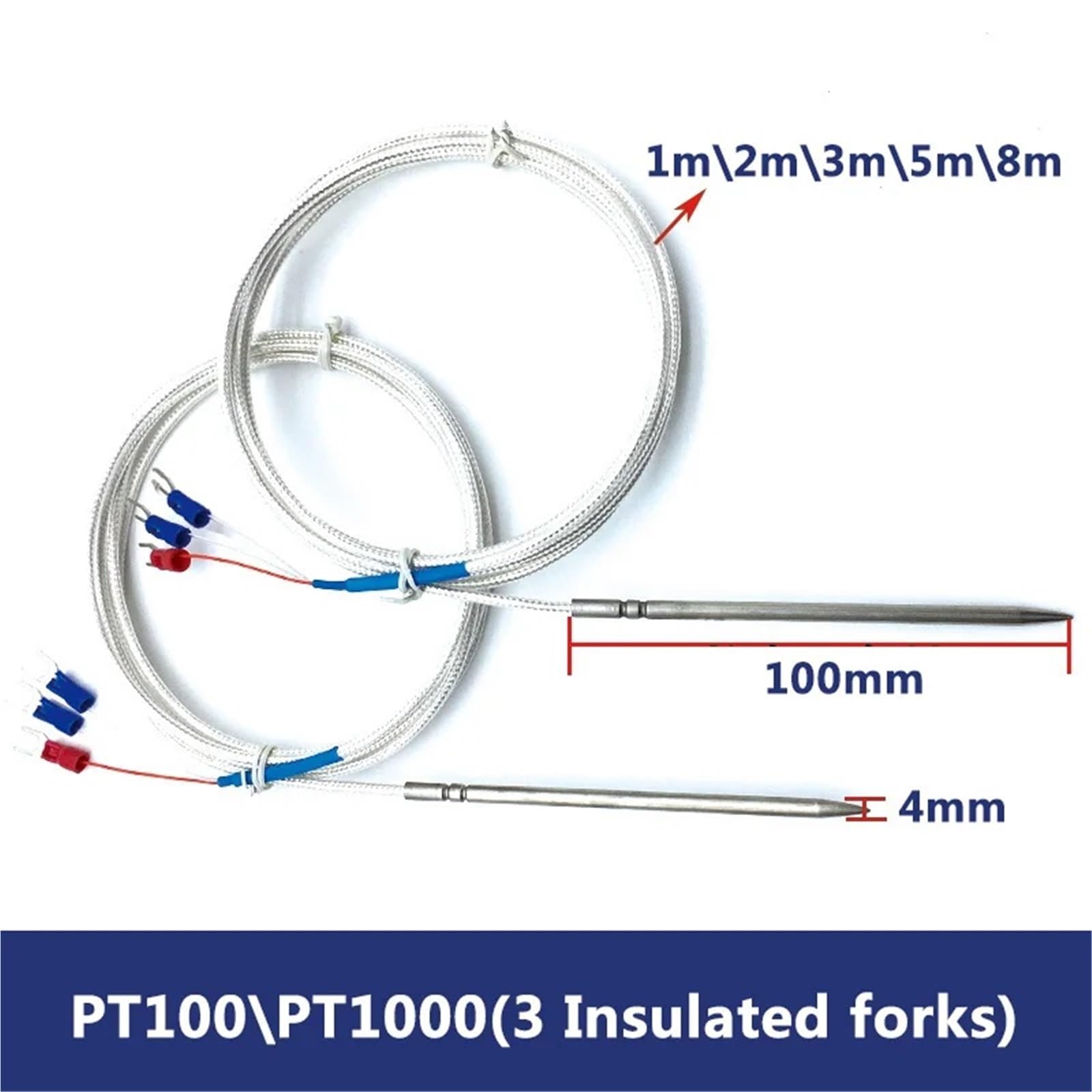 NTCPT100PT1000 Clase A Sensor de Temperatura 4X100mm Cable con Punta de Aguja Cable blindado 1-8m Metro(PT100-4X200mm-10m)