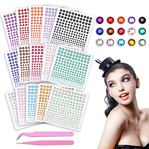 Fiteber 3375 Pièces Strass Autocollant, Strass Visage, Strass Autocollant Diamant, Strass Autocollants Cristal pour DIY Artisanat Body, Strass Maquillageet 2 Pincettes 2/3/4/5/6mm,15 Couleurs Cover