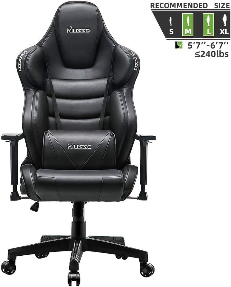 Musso Big & Tall Contoured Gaming Chair Adjustable Racing Style Computer Chair with Fully Foam, Premium PU Leather Executive Office Chair with Lumbar Support (Black)