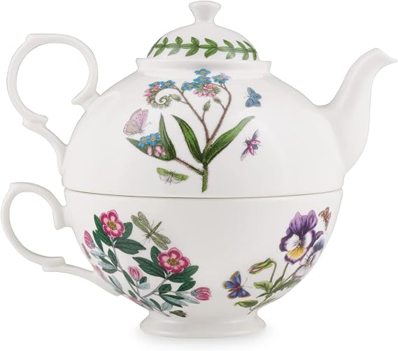 Portmeirion Botanic Garden Tea Set - 12oz Teapot & Teacup with Assorted Floral Motifs - Durable Porcelain Tea Set for Afternoon Tea - Chip-Resistant Glaze, Microwave, Dishwasher & Freezer Safe