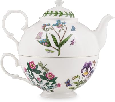 Portmeirion Botanic Garden Tea Set - 12oz Teapot & Teacup with Assorted Floral Motifs - Durable Porcelain Tea Set for Afternoon Tea - Chip-Resistant Glaze, Microwave, Dishwasher & Freezer Safe