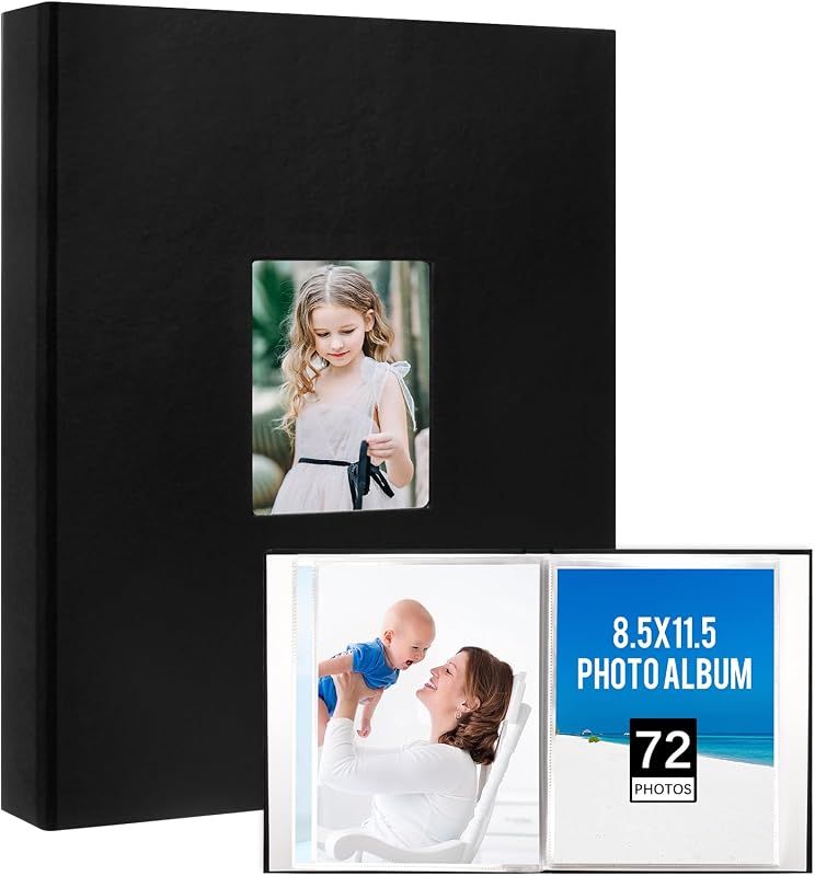 8.5x11 Photo Album, 72 Photos, Front Window, Leather Cover, Black | Designed for Large 8.5x11 Prints, This 72-Photo Album Keeps Family, Wedding And Milestone Pictures Easy to View And Share