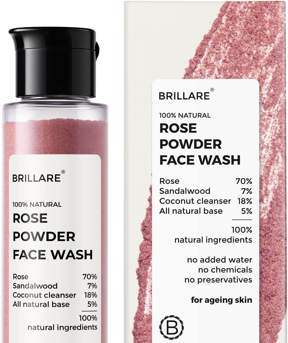 Brillare Rose Powder Face Wash for Younger Looking Skin With Sandalwood & Coconut, Anti-Ageing Face Wash Reduces Wrinkles & Fine Lines | Face Wash for Women & Men