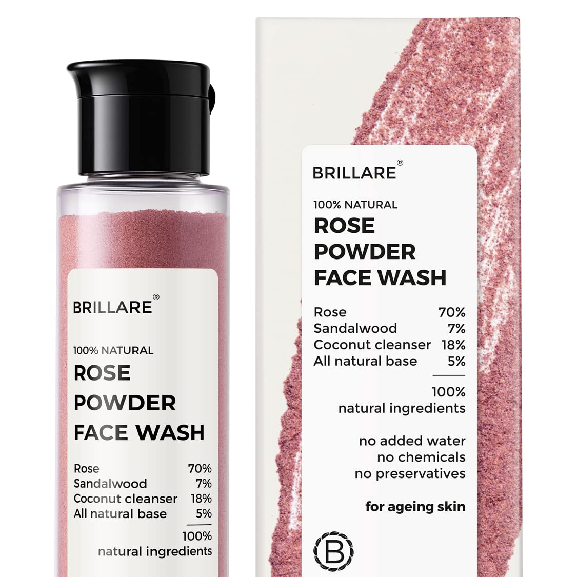 BRILLARE Rose Face Wash | Anti Ageing Skin | Sandalwood & Coconut Face Wash for Hydration | 100% Natural Powder Face Wash | 30g
