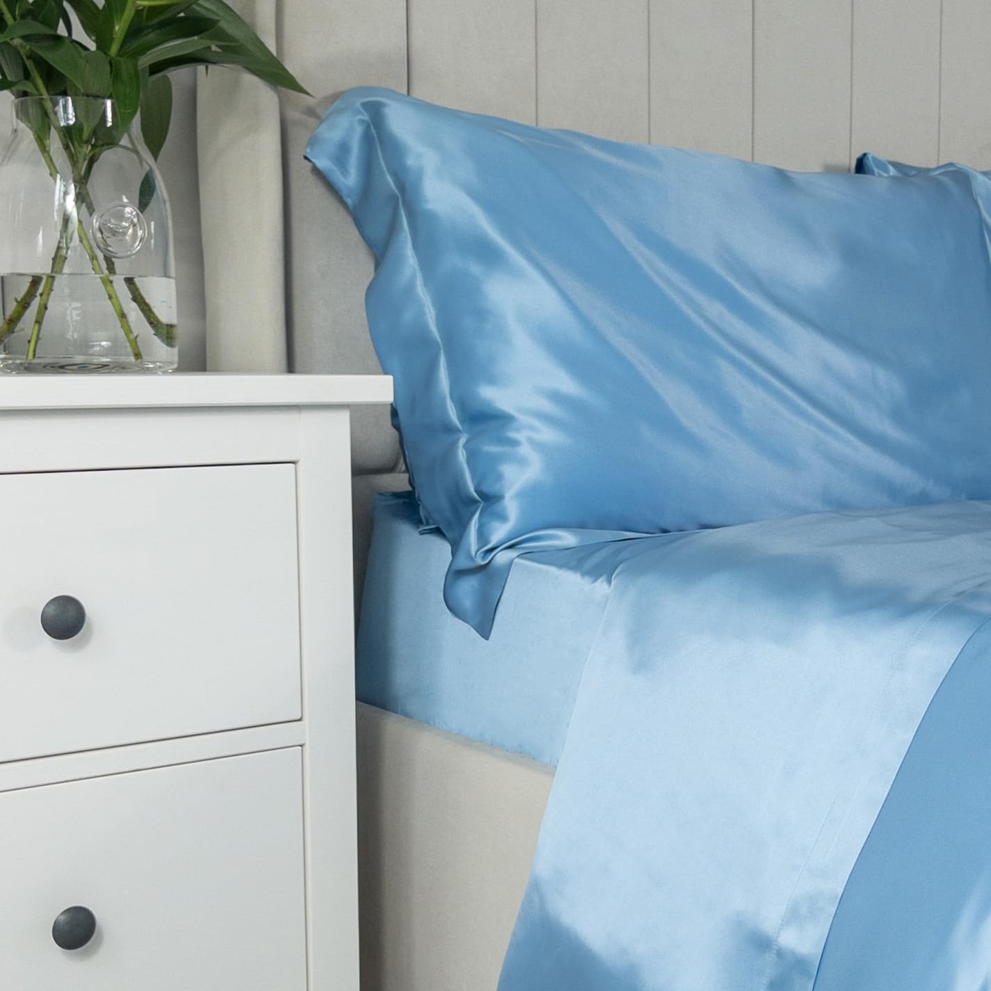 Jasmine Silk Blue 100% Mulberry 19Mm Charmeuse Silk Fitted Sheet (Blue) (Single 90X190+26Cm)
