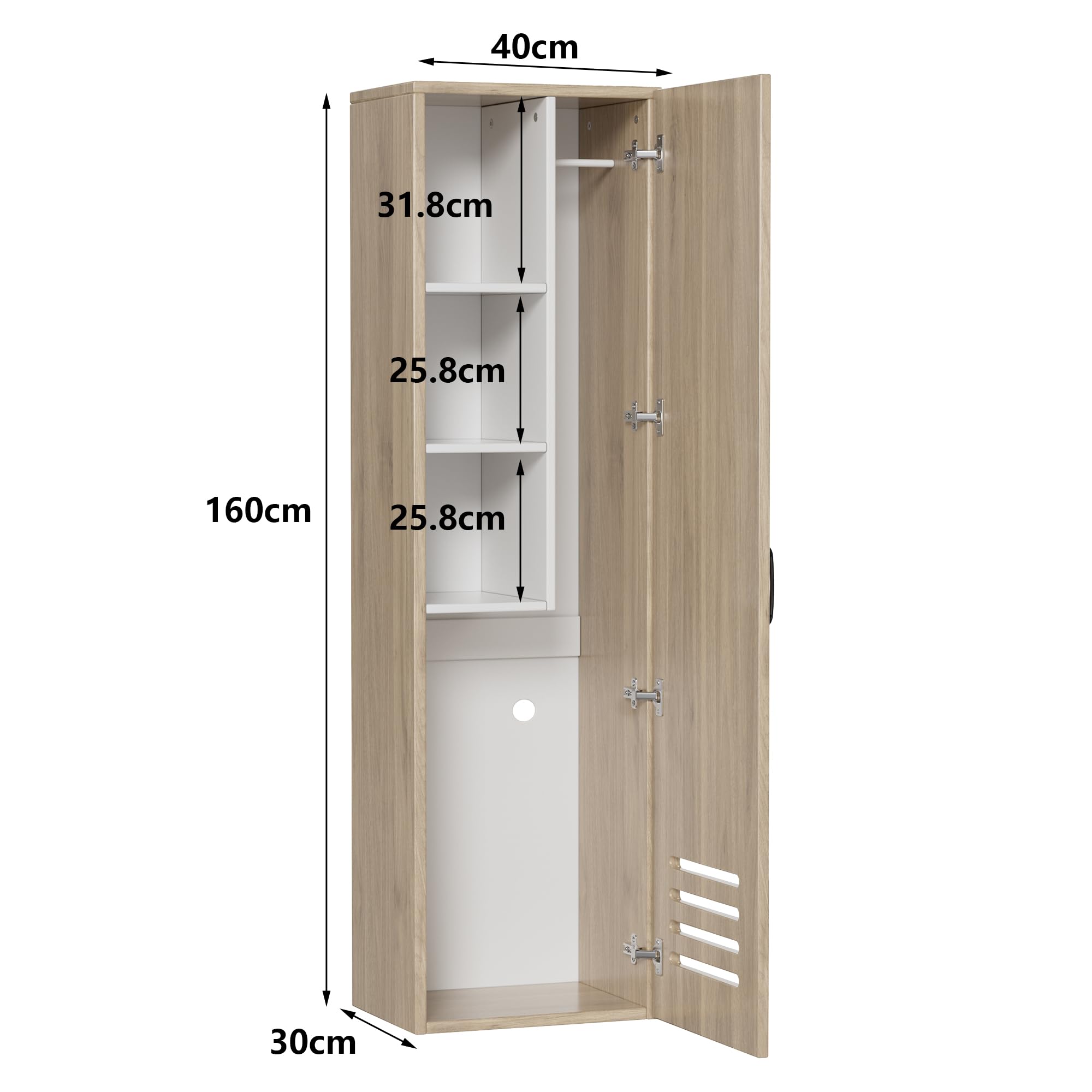 Putzschrank Besenschrank,Putzschrank Schmal 40cm Breit,Mehrzweckschrank Haushaltsschrank Praktische Schrank für Staubsauger Besen,Staubsaugerschrank mit Regale und Kleiderstange,40*30*160cm,Holzfarbe