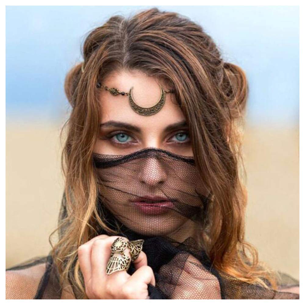 AsphireAsphire Viking Moon Head Chain Black Crystal Headpiece Boho Crescent Moon Forehead Chain Prom Party Festival Jewelry for Women and Girls