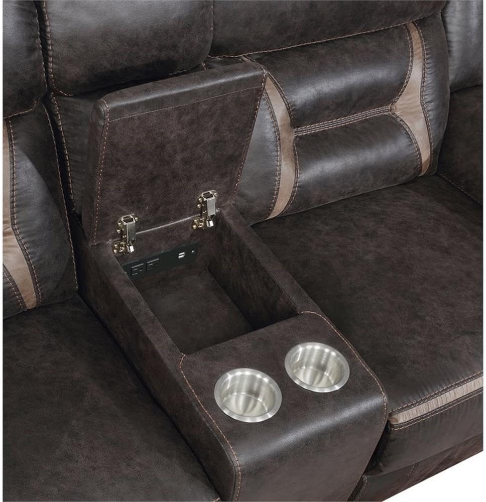 Pemberly Row 2-Piece Faux Leather Upholstered Motion Sofa Set, Dark Brown Finish, Manual Recliner Sofa and Glider Loveseat with Cupholders, Power Outlets, Storage Console for Comfortable Living Room