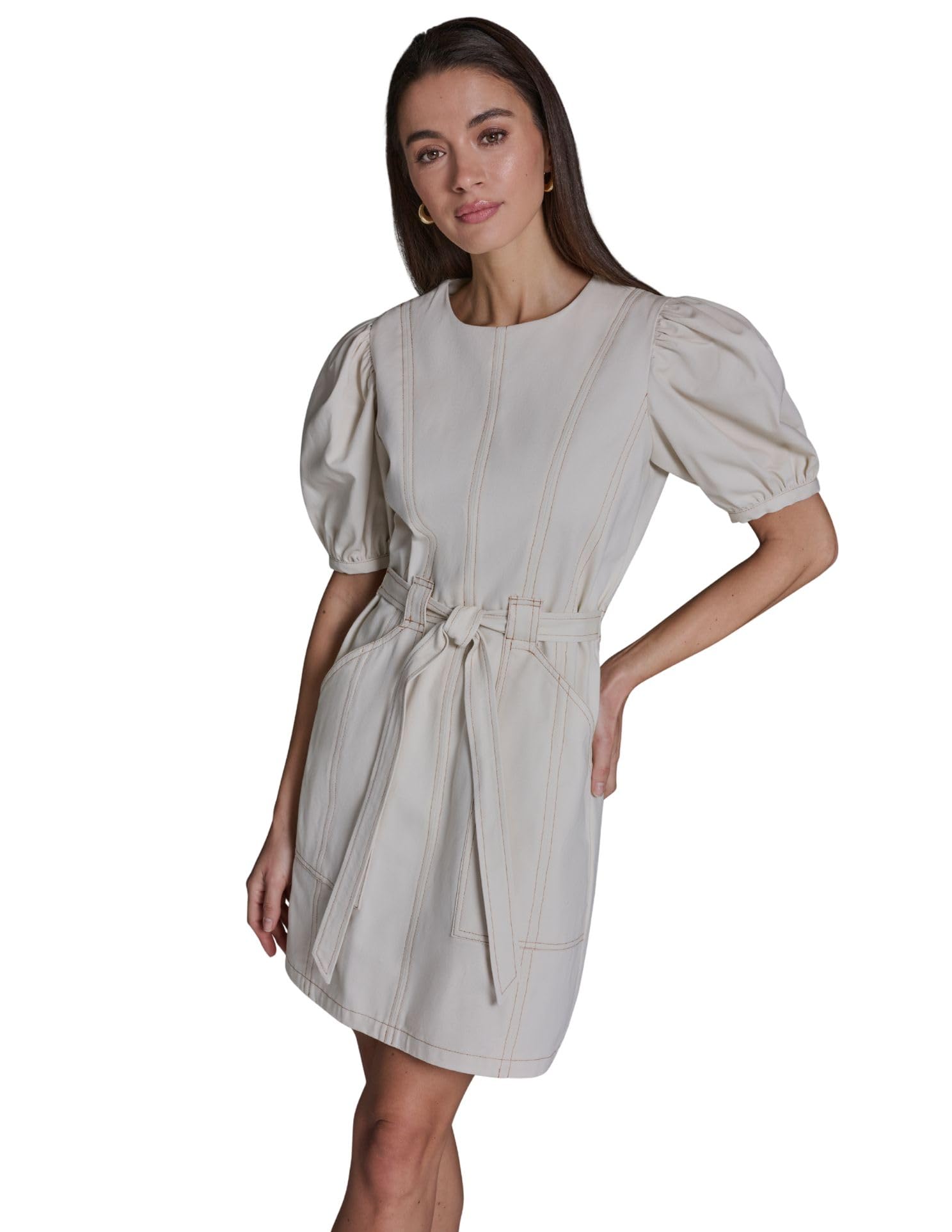 Photo 1 of BCBG Women's Short Puff Sleeve Round Neck Tie Belt Sheath Mini Dress, Ecru, 4