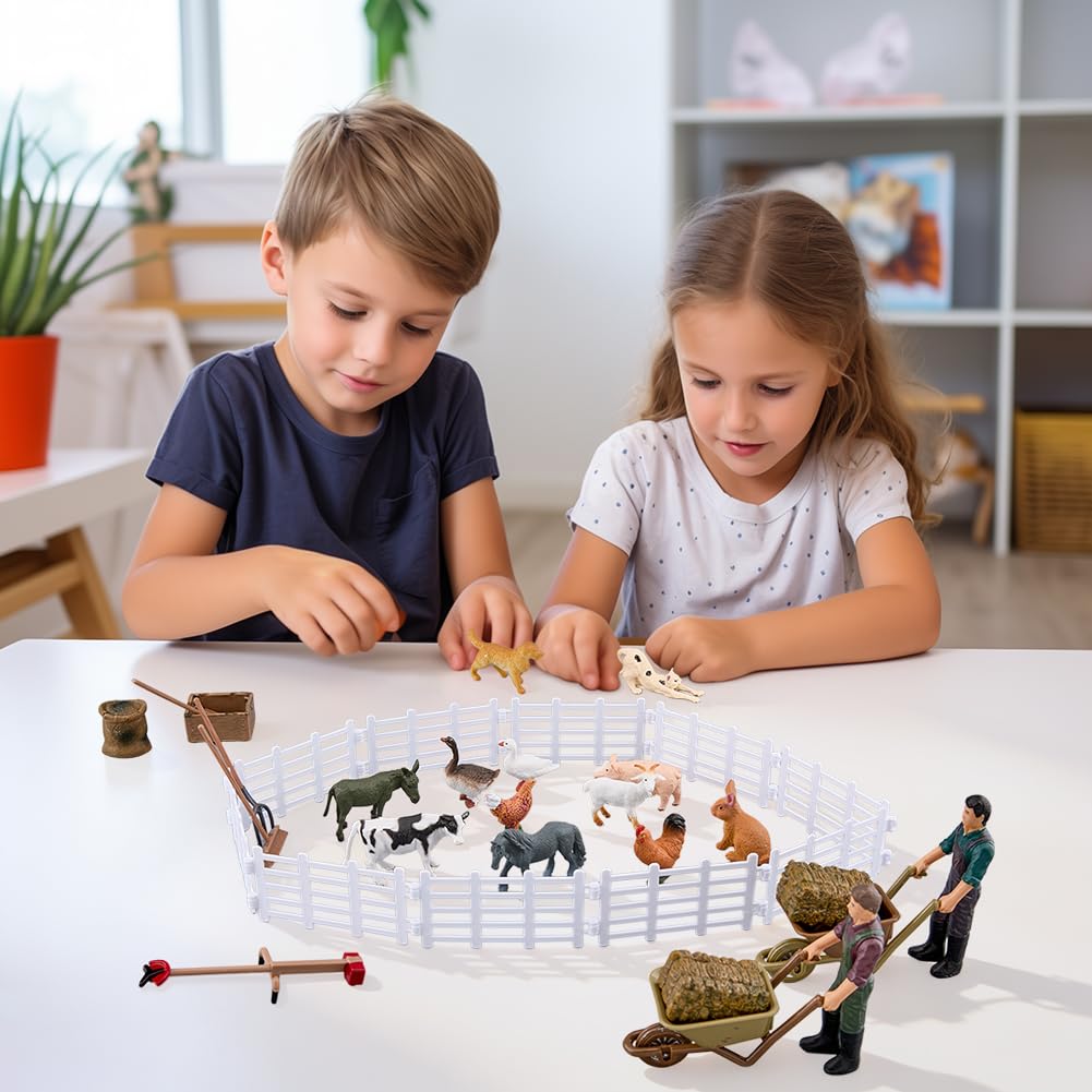 SUPERFINDINGS 34 statuette di animali da fattoria giocattoli figurine fattoria con recinzione agricoltore in miniatura Fattorie accessori set educativi fattorie giocattoli per gioco di ruolo Diorama