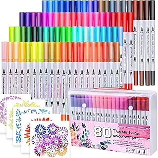 Cieex 80 Colors Colouring Pens for Adults and Kids Dual Tip Felt Tip Pens Watercolour Brush Pens with Templates for Calligraphy Comic Drawing Colouring Painting