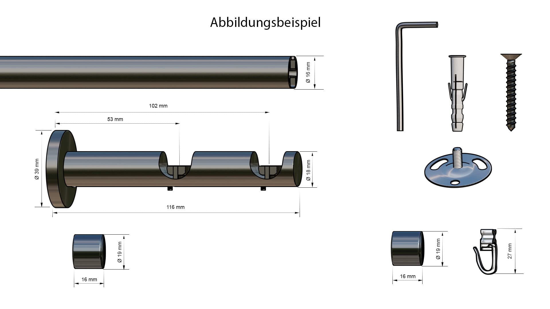 tilldekor Innenlauf Gardinenstange nach Maß, Andrax 2-läufig Edelstahl-Optik, 16mm Durchmesser, auf Maß gefertigt, 260 cm, inkl. Trägern und Endstücken