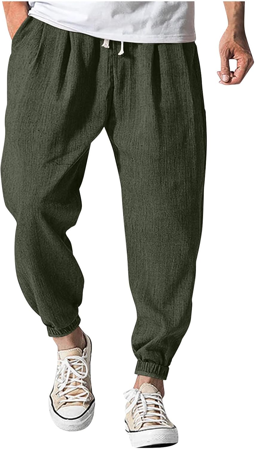 WENKOMG1 Mens Joggers Pants Casual Cotton Linen Pants Elastic Waist Drawstring Jogger Sweatpant, M-5XL