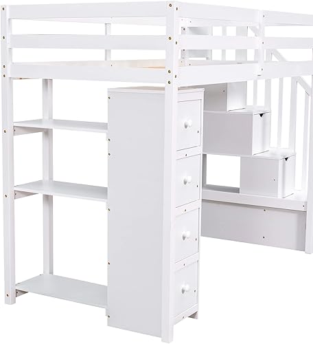 Miniatura 121 de Cama tipo loft de tamaño individual con 3 estantes, 2 armarios y 2 cajones, cama alta funcional con escalera de almacenamiento, marco de cama loft