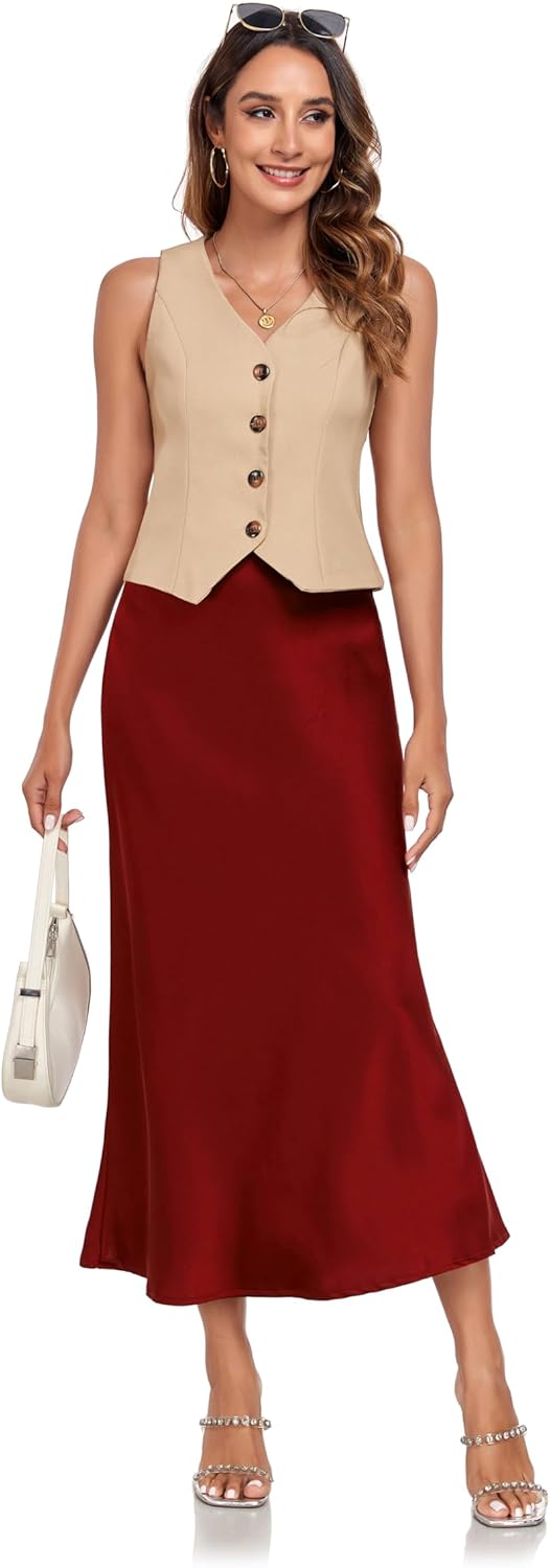 Women's Silk Satin Maxi Skirt High Waist Elastic A Line Fishtail Elegant Work Elastic Long Skirts - Image 4