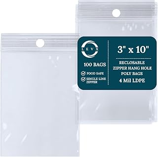 LEVX 3" X 10" Reclosable Zipper Plastic Poly Bags With Hang Hole 4 Mil LDPE (Pack of 100) Clear Sealable With Resealable Lock Zip Storage Bags for Food Jewelry Crafts Packaging